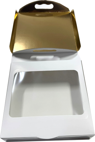 Cutii Prajituri cu display 24x24x5 Albe + Tavi aurii cu maner laminate 22.5x22.5x2 (4) cm (Pret la 50 buc)