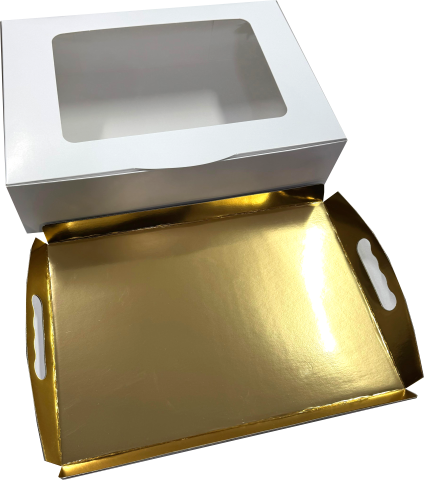 Cutii Prajituri cu display 25x35x9 Albe + Tavi aurii cu maner laminate 23x33x2.5 (5) cm