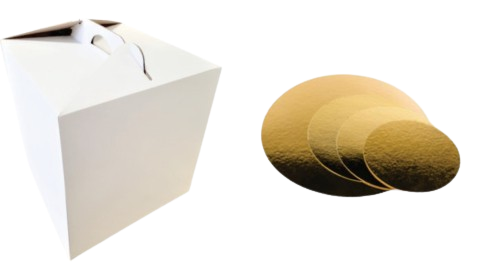 Cutii Tort Evenimente Cu Maner 30x30x25 cm + Discuri D30 Aurii (3 mm) (Pret la 25 buc)