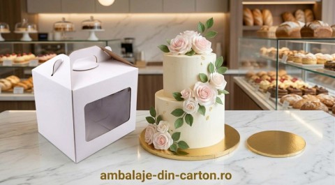 Cutii Tort Evenimente Cu Maner si Display 25x25x30 cm + Discuri D25 Aurii (2 mm) (Pret la 25 buc)