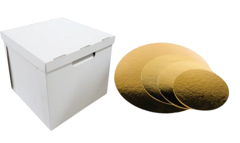 Cutii Tort Evenimente cu capac (CORP+CAPAC) 32x32x35 cm + Discuri D30 Aurii (3 mm) (Pret la 25 buc)