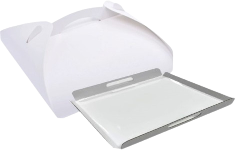 Cutie Rulada 14x29x12 cm Alba + Tavita cu maner 13x27x2 (4) cm Alba (carton gros) (Pret la 50 buc)