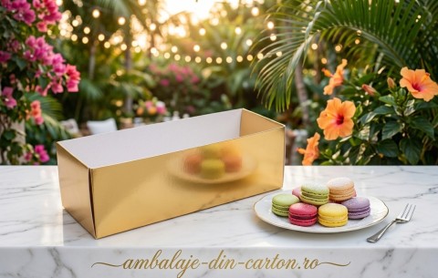 Cutie Macarons Aurie 17x5x4.5 cm ( 6-7 buc) cu manson din plastic transparent (Pret la set de 100 buc)