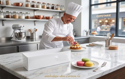 Cutie Macarons Alba 17x5x4.5 cm ( 6-7 buc) cu manson din plastic transparent (Pret la set de 100 buc)