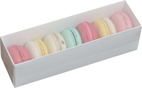 Cutie Macarons Alba 28x5x4.5 cm (12 buc) cu manson din plastic transparent (Pret la set de 100 buc)