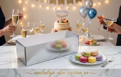 Cutie Macarons Argintie 28x5x4.5 cm (12 buc) cu manson din plastic transparent (Pret la set de 100 buc)