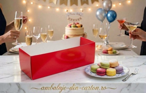 Cutii Macarons Rosii 28x5x4.5 cm (12 buc) cu manson din plastic transparent (Pret la set de 100 buc)